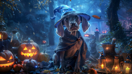Adorable dog dressed as a wizard, surrounded by pumpkin lanterns and Halloween decorations in a spooky forest at night.