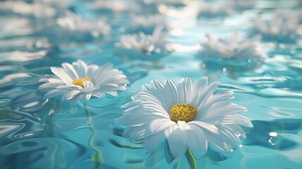 White daisies floating on water with blue background, reflection of flowers in the surface, highly detailed, sharp focus, cinematic, beautiful.