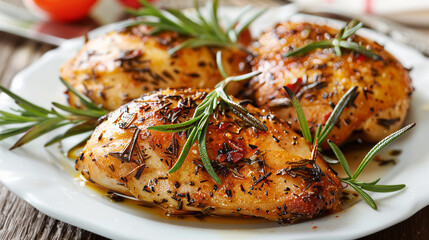 Plated dish Roasted chicken with rosemary sprigs