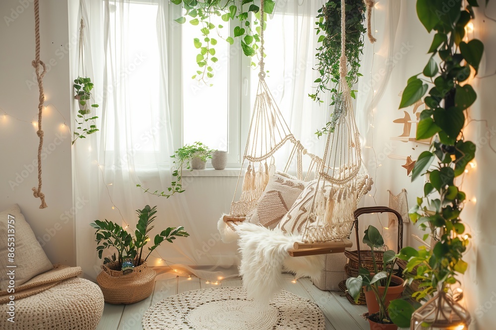 Sticker Cozy boho style balcony interior design with swinging chair, natural decoration and potted green plants