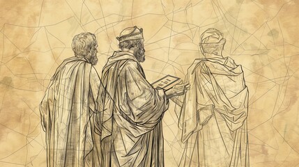 Fototapeta premium Reform and Discovery in 2 Kings 22: Josiah, Book of Law - Biblical Illustration on Beige Background with Copyspace for Faith-Based Themes