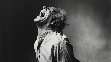A man tossing his head back in a fit of laughter his whole body shaking with joy. Black and white art