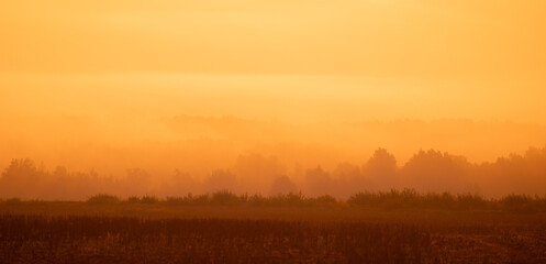 A beautiful minimalist landscape with colorful sunrise skies. Bright summer scenery of rural Latvia, Northern Europe.