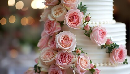 Fototapeta premium Pink roses atop white wedding cake