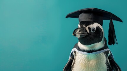 A penguin wearing a graduation cap on a blue background.