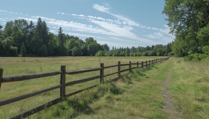 Public path follows large wooden fence leading into forest area in meadow