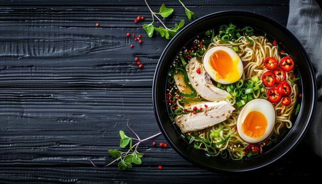 Ramen soup with chicken egg chives and sprout on dark wooden background in Japanese cuisine