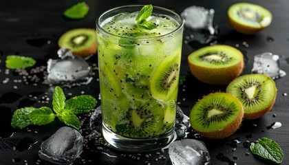 Fototapeta premium Refreshing fruit juice infused with kiwi mint and ice poured over a black background in a glass perfect for a cool summer drink at a smoothie bar