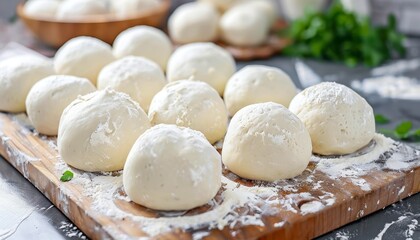 Round homemade pizza dough balls on a metal cutting board ready to bake Healthy natural food Side view daylight