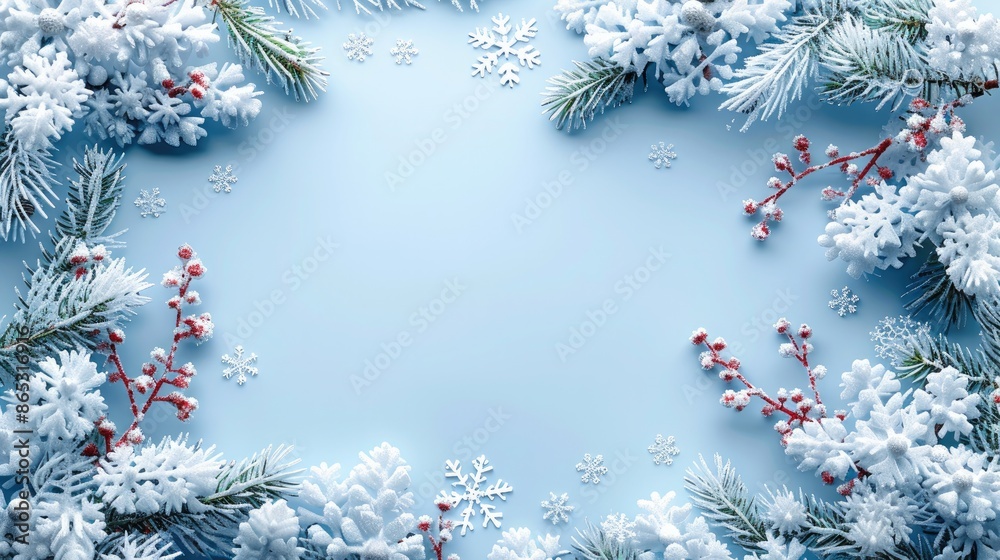 Poster A solid background with snowflakes and decorations. Generative AI.