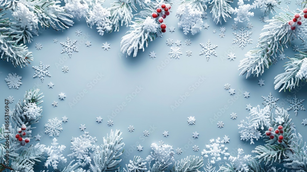 Poster A solid background with snowflakes and decorations. Generative AI.