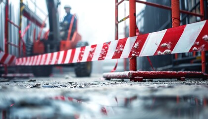 Safety measures on construction site red white barrier tape used to warn of hazards such as dropped objects in the telehandler operation zone