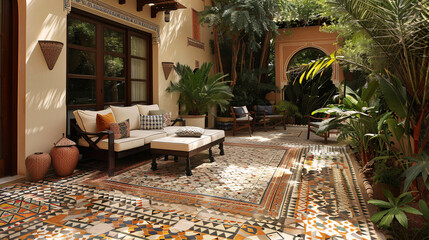 Moroccan tiles with intricate designs, adding character to an outdoor patio