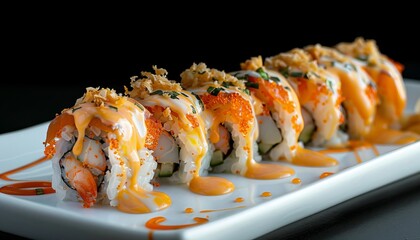 Salmon Melted Cheese Roll is a sushi set with salmon fried prawn cucumber spicy mayo and melted cheese sauce on a plate