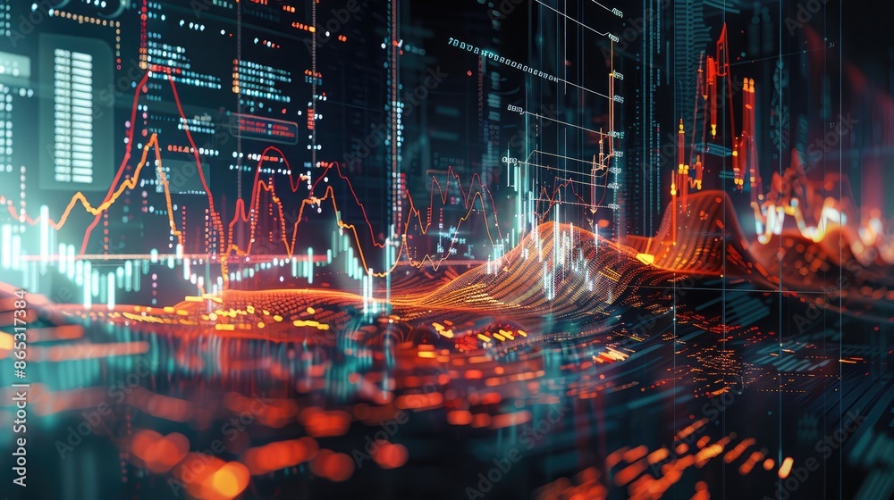 Poster Digital artwork of an AI algorithm analyzing stock market trends. Generative AI.