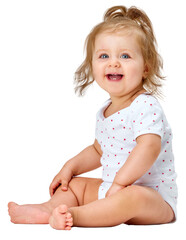 Beautiful, happy, smiling child. Little baby girl, toddler sitting on floor with joy and fun...