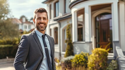 Portrait of handsome smiling real estate agent standing in front of luxury home.