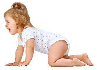 Happy kid. Cheerful, little, baby girl in diaper crawling on floor, playing against transparent...