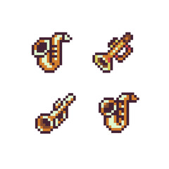 Obraz premium Trumpet musical instrument pixel art web icon set. Design for logo game, sticker, web, mobile app, badges and patches. Isolated vector illustration.