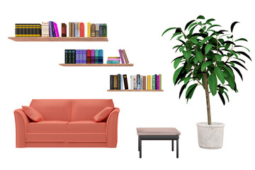 PNG. Trasparente. Veduta frontale di salotto, living. Divano con libreria e pianta ornamentale.