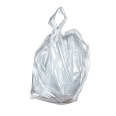 Clear plastic garbage bag tied and filled, isolated on a white background. Perfect for waste management, kitchen, or office use.