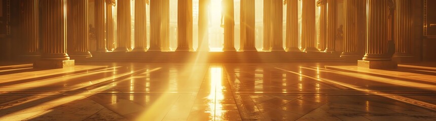 A large golden hall with marble pillars and a wide floor, the sun shines through the windows of columns, in the style of ancient Greek
