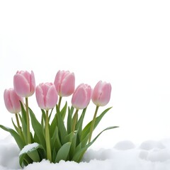 Fototapeta premium Pink tulips blooming in the snow , with green leaves and stems against a white background and copy space