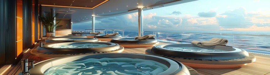 Fototapeta premium A luxury spa on the deck of an ocean liner, with rows of hot tubs and comfortable loungers overlooking the sea view