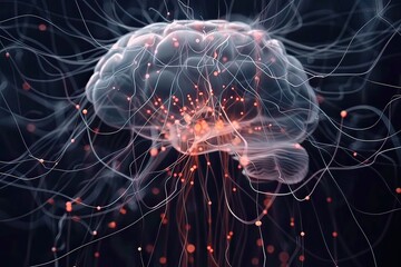 Computer generated brain image with lines and dots coming out