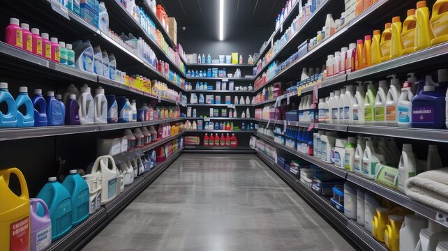 Household goods department in a store. There are various washing powders and fabric softeners on the supermarket shelves. Row of different laundry detergents for clothing. Domestic cleaners.