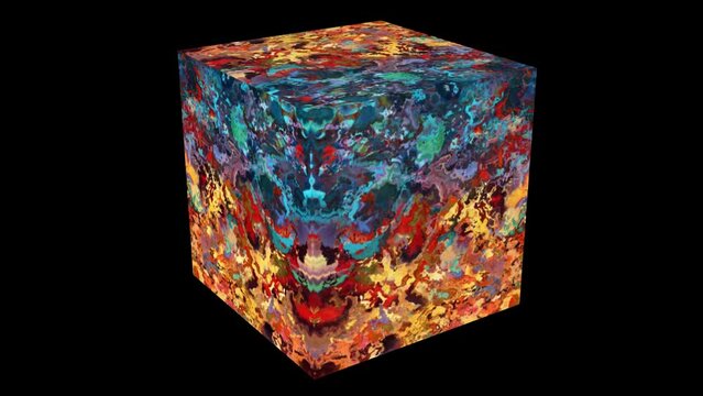 Magic cube with сolorful atmosphere rotates slowly on black background.