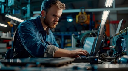 Mechanic Updating Engine Control Module Software with Computer for Diagnostics and Tech-Savvy