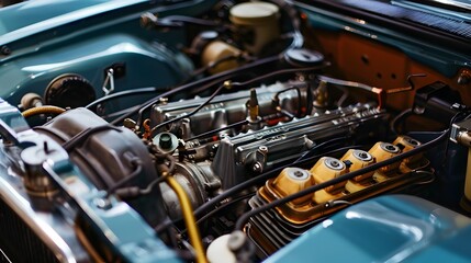 Fototapeta premium Detailed Engine Bay Diagram with Labels and Notes for Educational Purposes