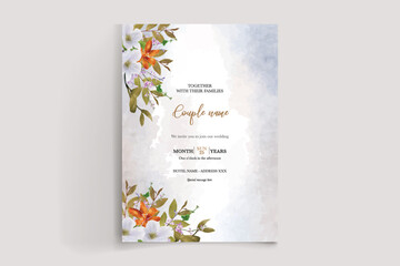 WEDDING INVITATION FRAME WITH FLOWER DECORATIONS AND FRESH LEAVES 