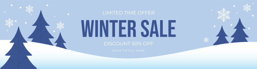 Winter sale banner template with snow flakes and forest, sale design Vector illustration