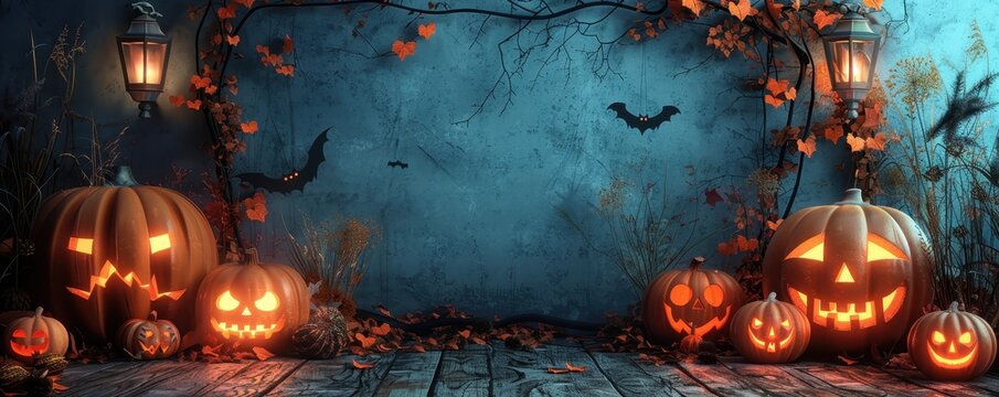 Podium with eerie Halloween lighting and decorations