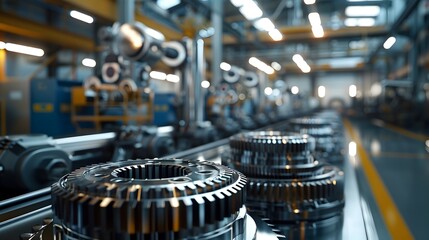 Fototapeta premium Futuristic Industrial Gears in a Steel-Framed Factory Setting for Efficient Business Automation