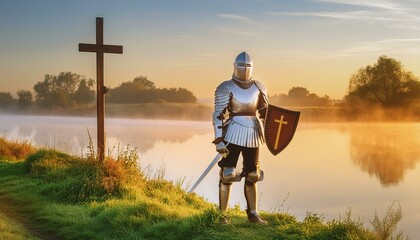 Ephesians - The Armor of God. The Knight wearing Armor of God based on Bible text in Ephesians 6. 
Breastplate of Righteousness and Shield of Faith. 