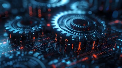 Digitally Rendered 3D Gears with Binary Code Symbolizing Data-Driven Business Strategies and