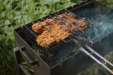 grill with hot coals for cooking grilled meat on the lake on a summer day