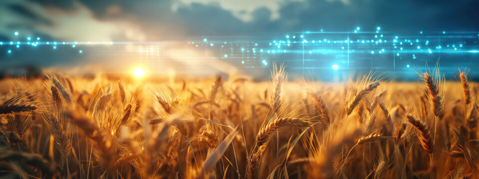 Smart Agriculture in Wheat Field. Golden wheat field with digital data visualization in the background, advanced farming technology. Agrotech, precision agriculture, and crop monitoring banner. - Powered by Adobe