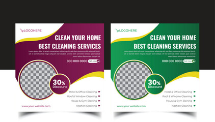 Corporate office and house cleaning service business promotion social media post or web banner template design. Housekeeping, wash, clean or repair service marketing flyer with abstract background.