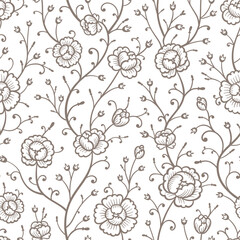 Peony Flowers. Peonies Seamless Pattern. Monochrome Floral Vector Background.