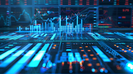 Futuristic Financial Data Display with Blue Charts