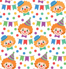 Seamless pattern with fun clowns faces and banners. Vector colorful background in flat style