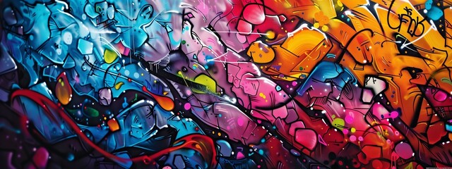 Graffiti art piece，colorful patterns and shapes,urban-inspired background for design projects.
