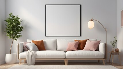 Scandinavian living room interior with blank horizontal poster frame mockup and modern sofa,3D rendering. Mockup poster frame with minimalist modern interior background.