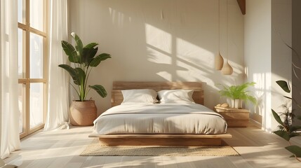 Cozy bedroom featuring Scandi-design simplicity, with soft, muted colors and natural wood finishes. The centerpiece is a low, wooden bed frame dressed in light, breathable linens.