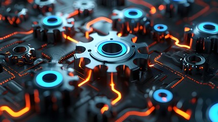 Obraz premium Futuristic 3D Gears with Neon Circuits Symbolizing Modern Business Infrastructure