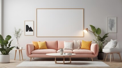 Scandinavian living room interior with blank horizontal poster frame mockup and modern sofa,3D rendering. Mockup poster frame with minimalist modern interior background.